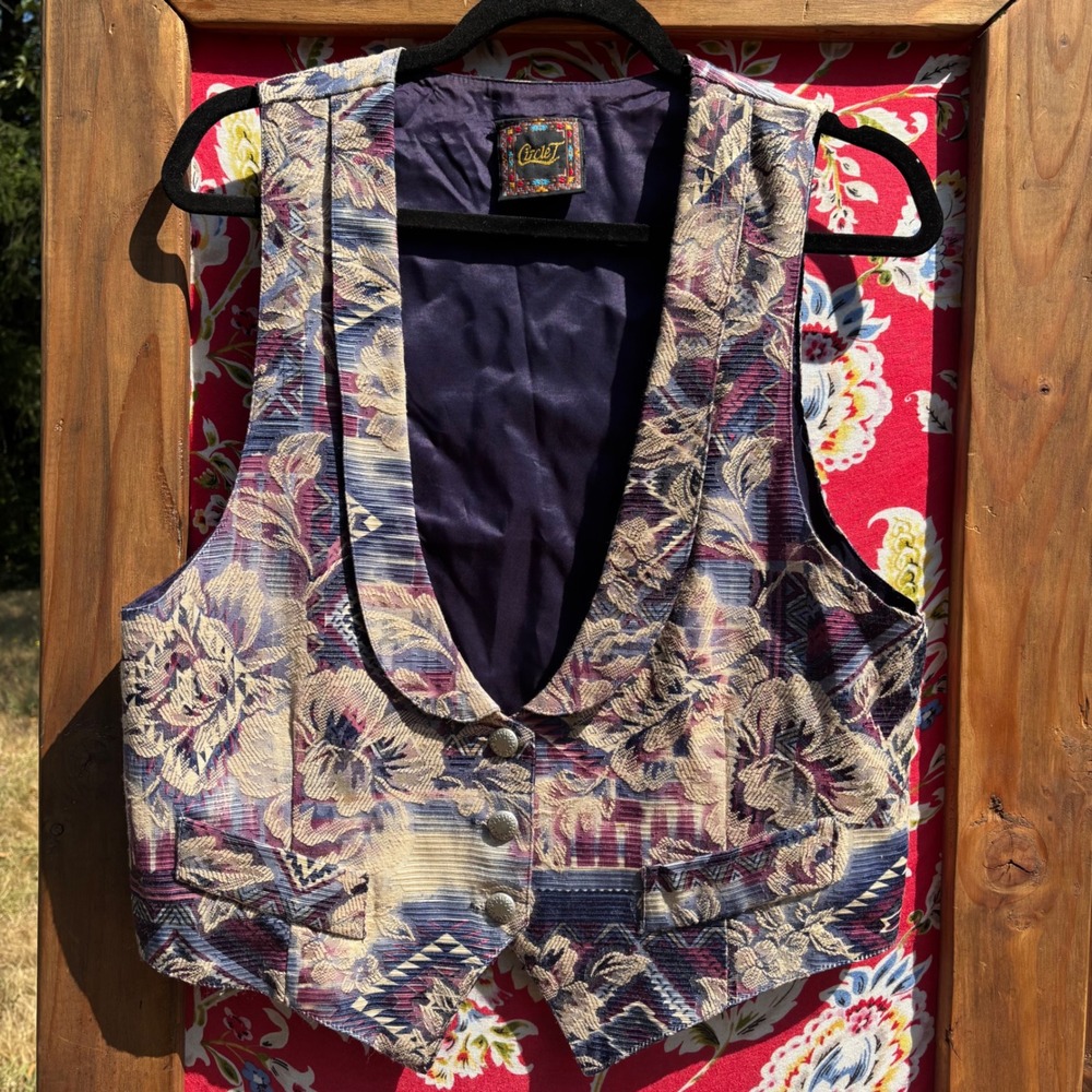 90's Vintage Southwest Indie Woven Floral Boho Chic Tapestry Vest Size L